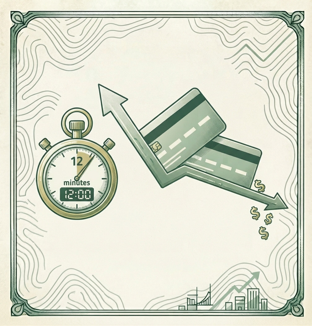Illustration of a stopwatch showing 12 minutes next to a credit card tilting from a steep uphill arrow to a gentler downhill arrow, with dollar signs falling off