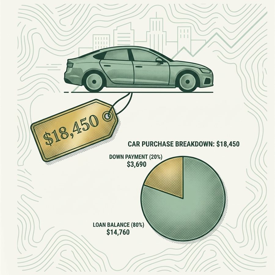 Illustration of a car with an $18,450 price tag and a pie chart breaking down the 20% down payment and 80% loan balance