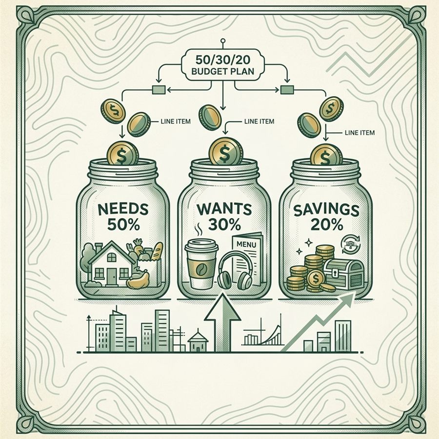 Illustration of three jars labeled Needs 50%, Wants 30%, and Savings 20%, each filled with icons representing that category