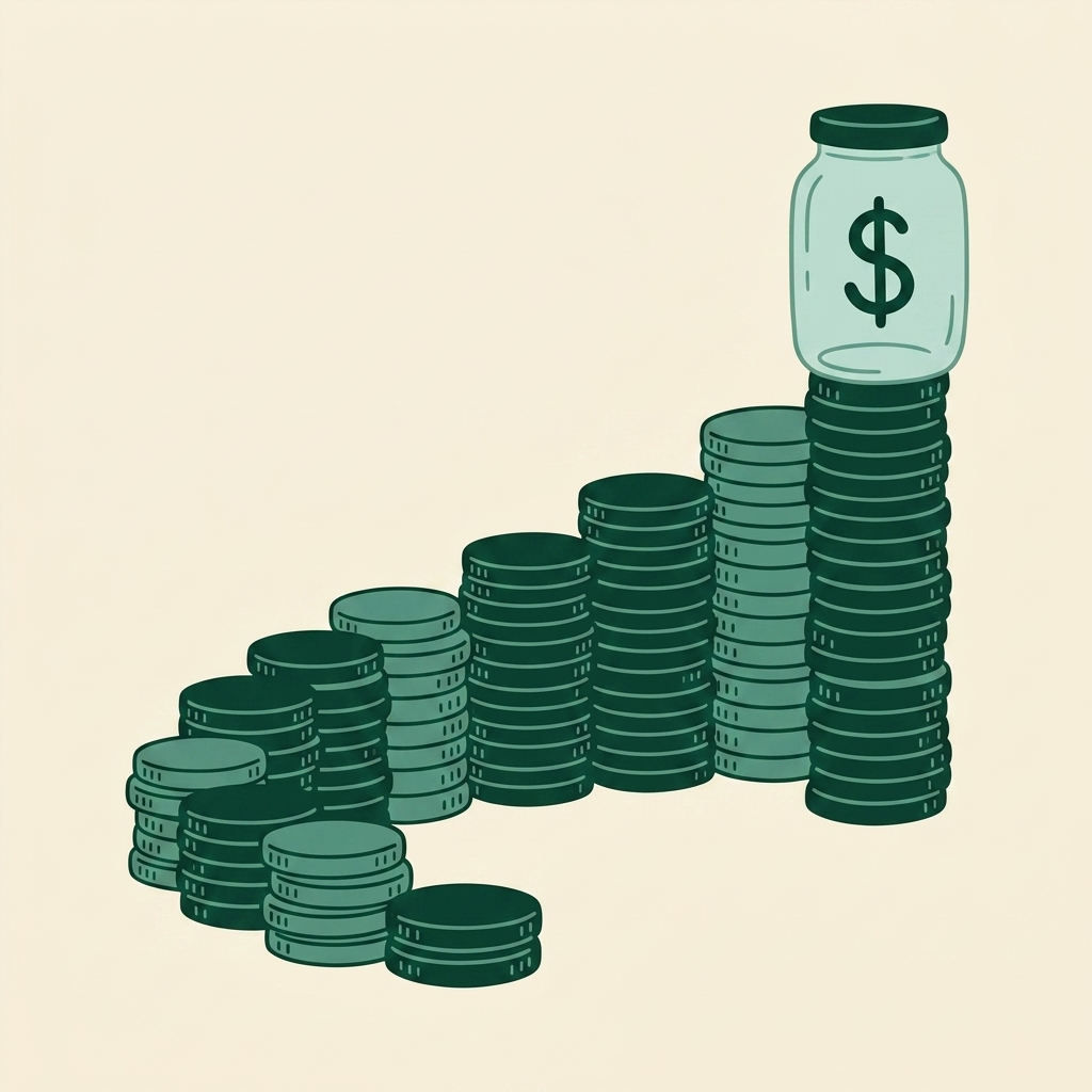 Illustration of an ascending staircase made of stacked coins, growing from a small pile up to a tall column topped with a jar marked with a dollar sign