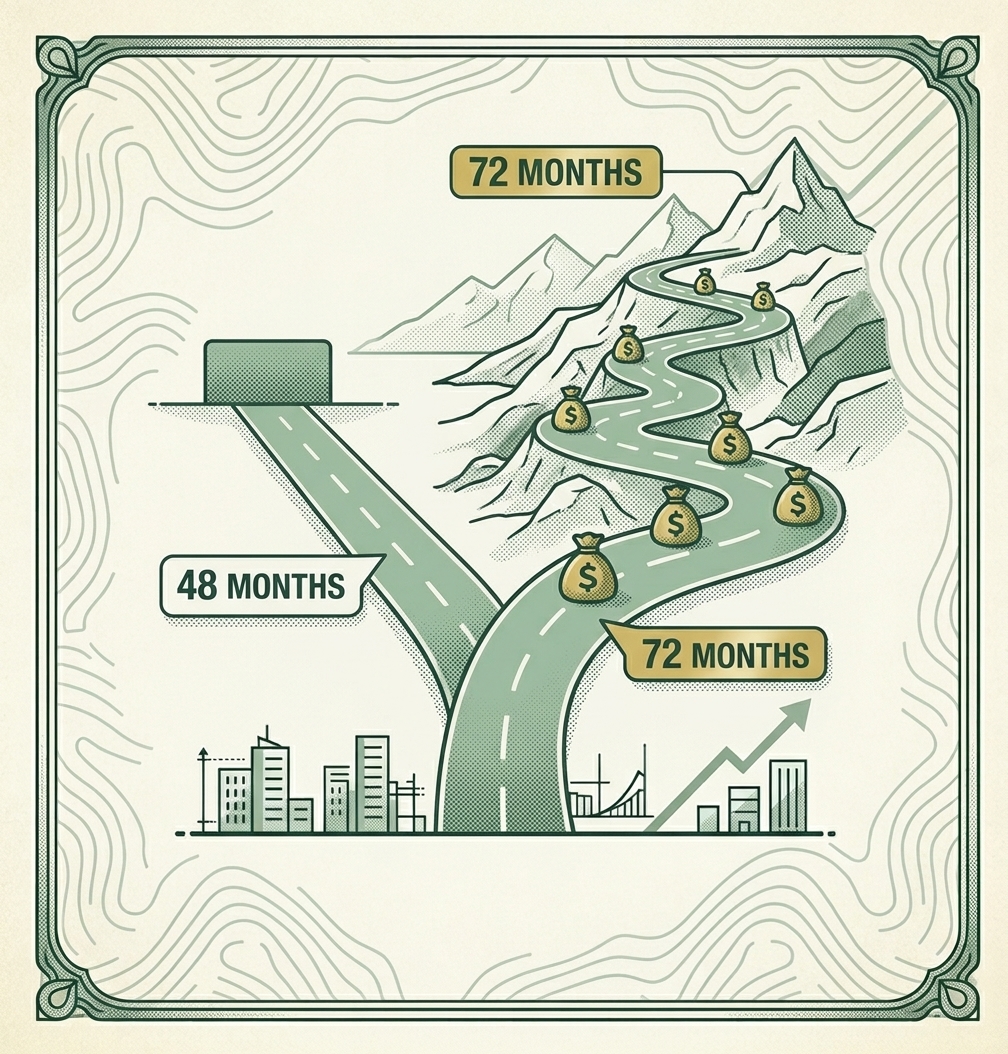 Illustration of two diverging roads — a short flat path labeled 48 months and a long winding mountain road labeled 72 months, weighed down by dollar-sign money bags
