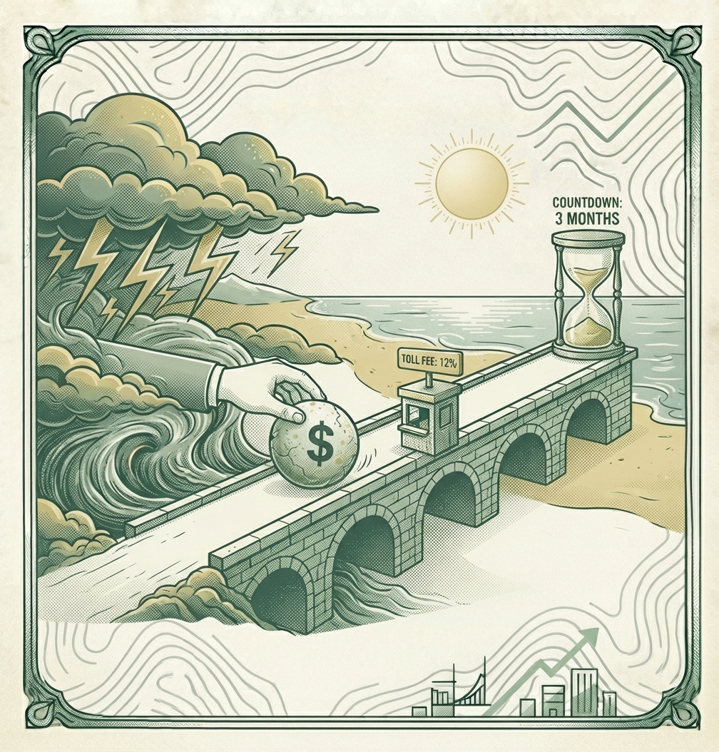 Illustration of a dollar-marked boulder being rolled across a bridge from a stormy high-interest sea toward a calm sunny shore, with a toll booth and a countdown hourglass on the bridge