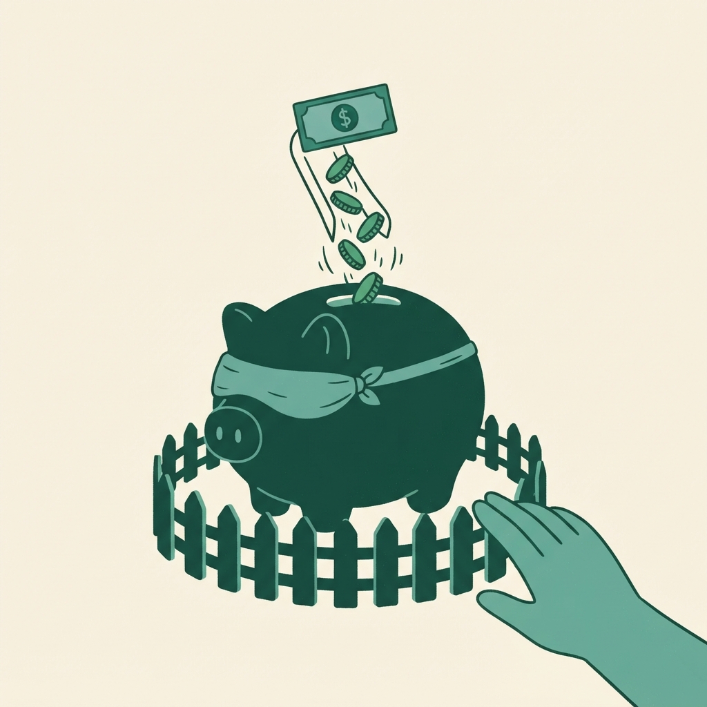 Illustration of a piggy bank wearing a blindfold, with coins being fed into it automatically through a small chute from a paycheck icon above, while a hand reaches toward it but is blocked by a small fence around its base