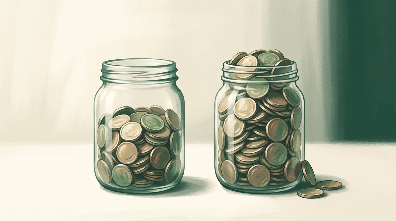 Illustration of two glass jars of coins side by side — the left jar has room to spare, the right jar is filled to the brim with a couple of coins spilled onto the surface beside it
