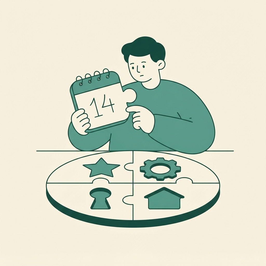 Illustration of a person holding a puzzle piece shaped like a calendar page marked with the number 14, searching for where it fits among four differently shaped puzzle slots