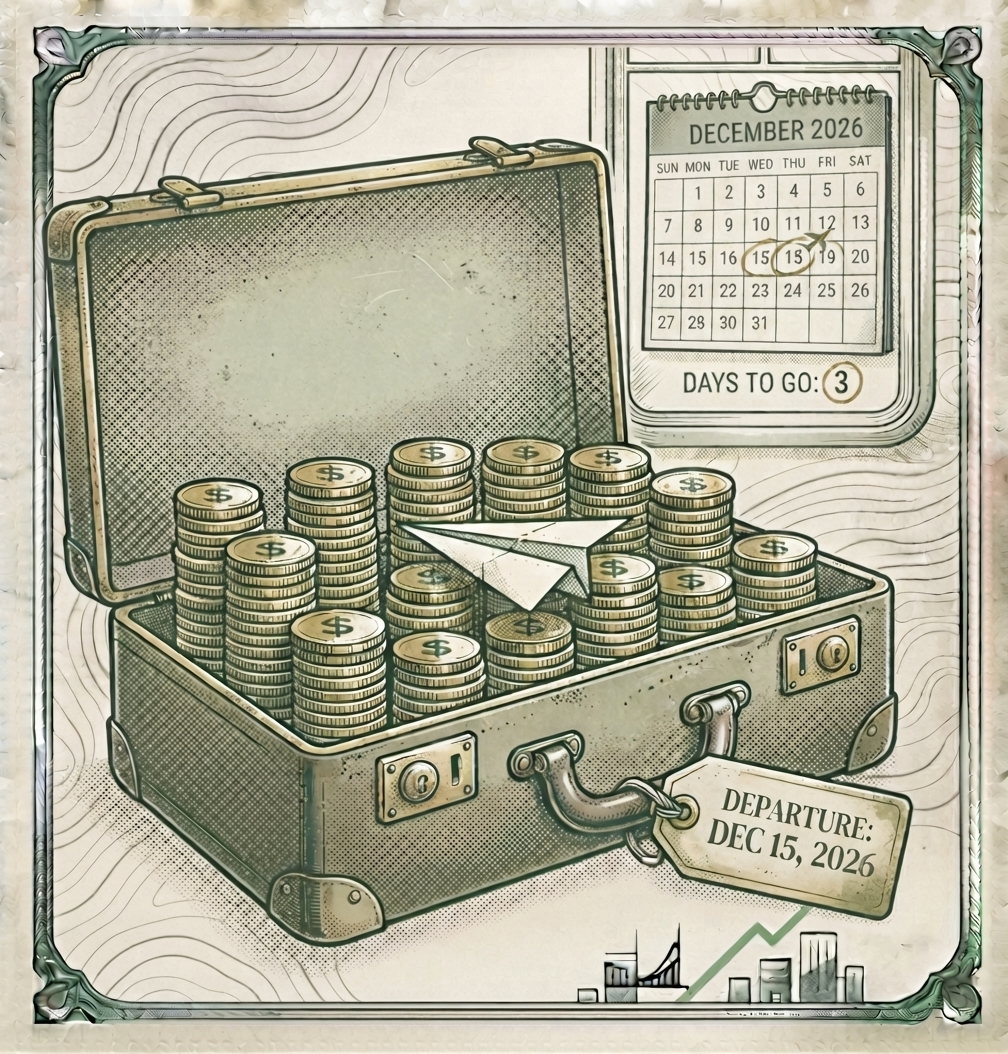 Illustration of an open suitcase filled with stacked coins and a paper airplane, a departure-date luggage tag on the handle, with a calendar counting down the days in the background