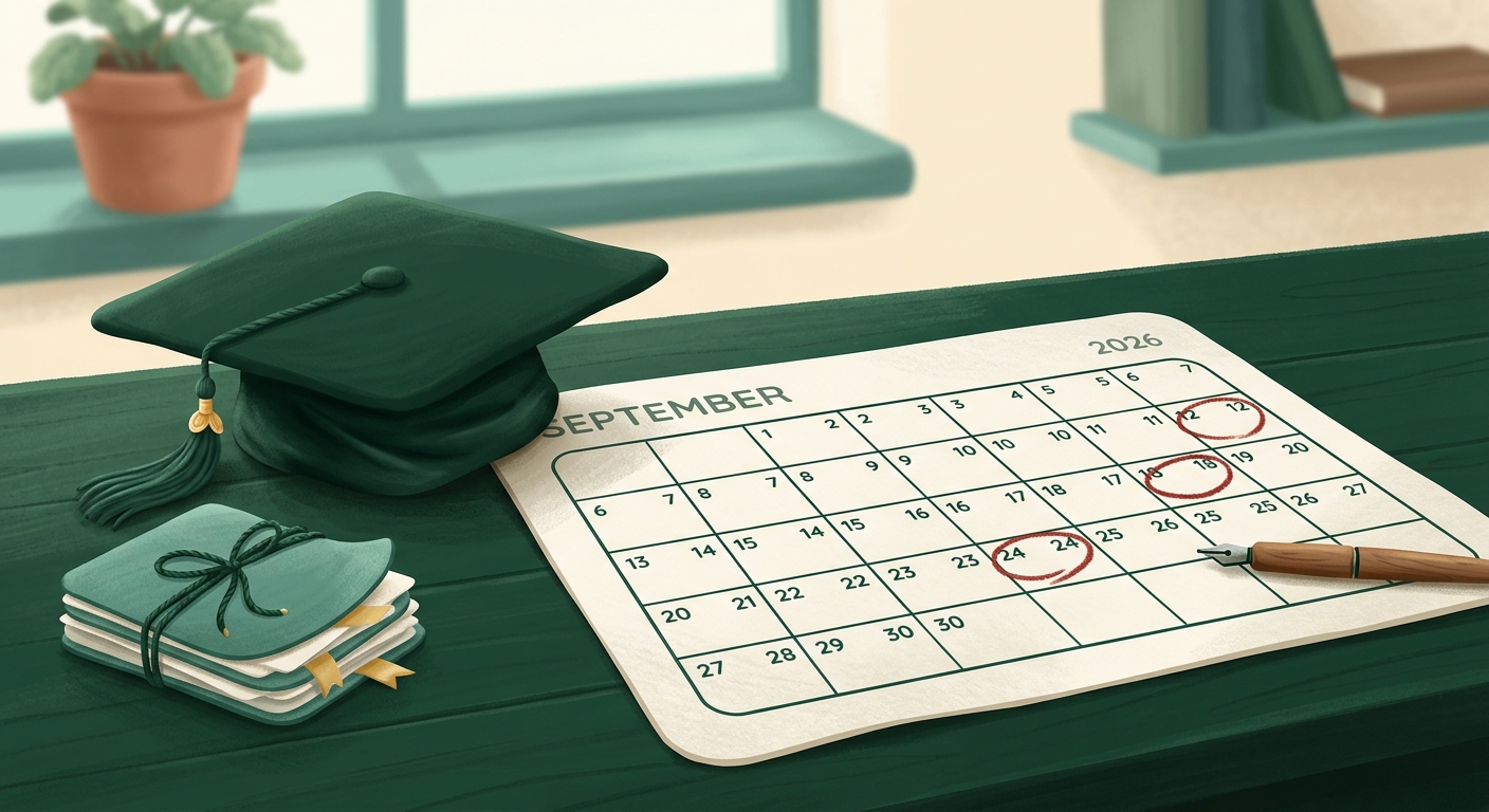 Illustration of a September calendar page with three dates circled in red, a graduation cap and a small stack of papers resting on the desk beside it