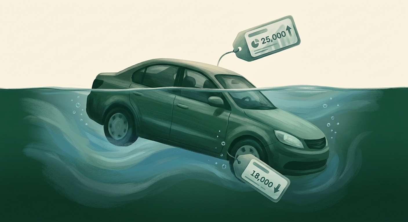 Illustration of a car partially submerged below a horizontal waterline, with a loan balance tag above the surface and the car's value tag below it, showing the car worth less than what's owed