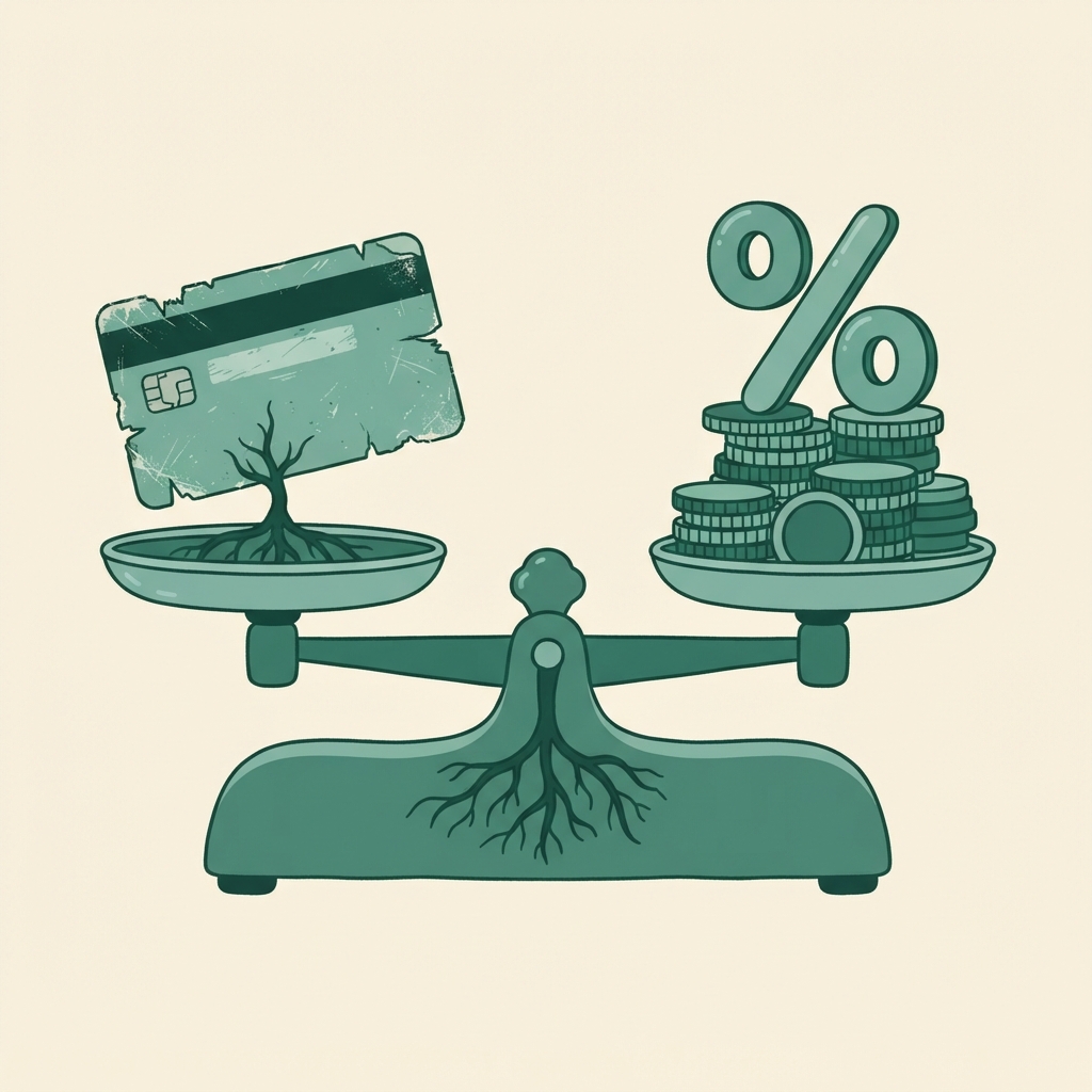 Illustration of an old, well-worn credit card sitting on one side of a balance scale, weighed against a stack of coins and a percentage symbol on the other side, with a small root system growing from the card down into the scale's base