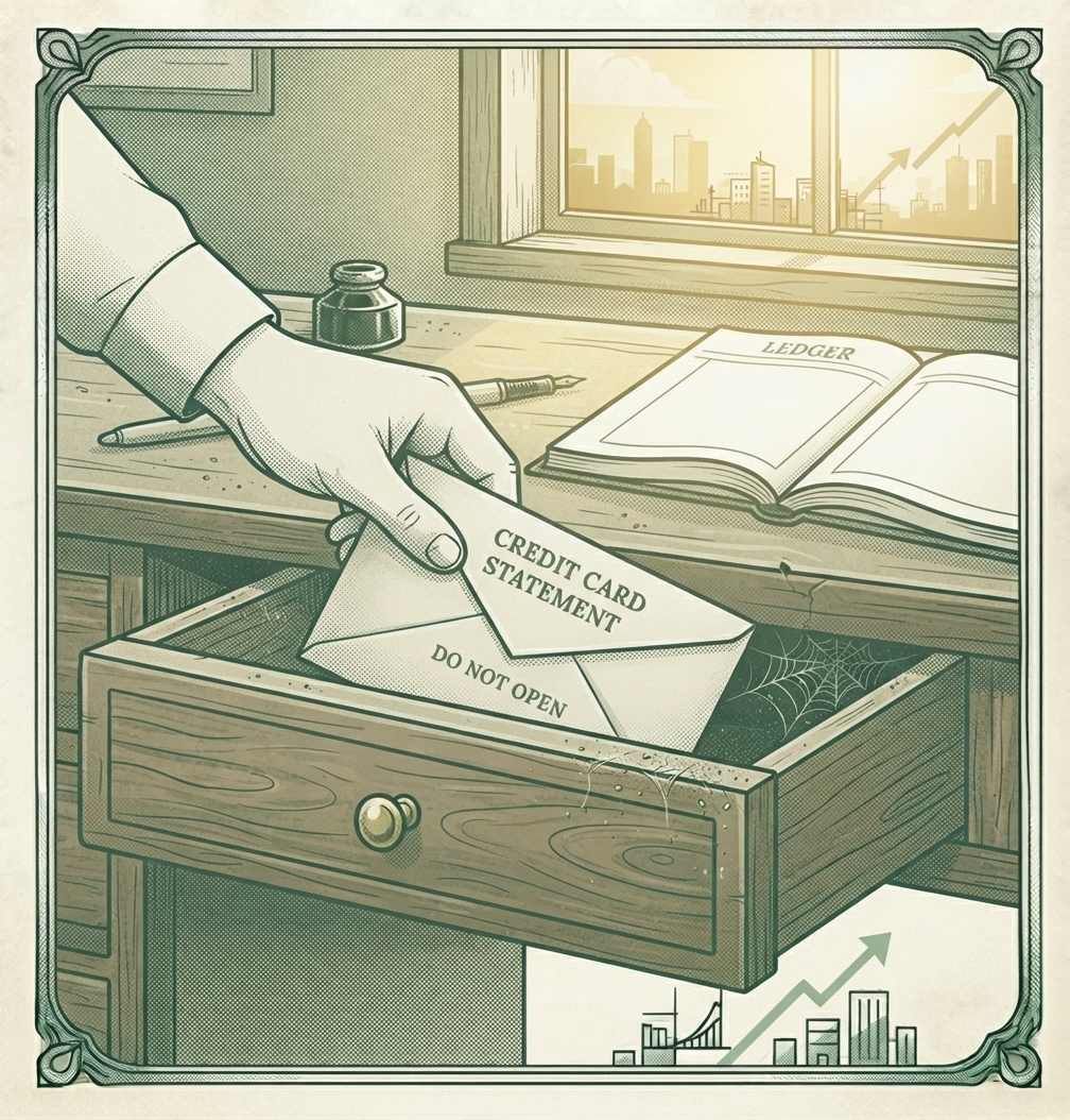 Illustration of a hand tucking an unopened credit card statement into a cobwebbed desk drawer, with a sunlit window and an open ledger waiting on the desk behind it