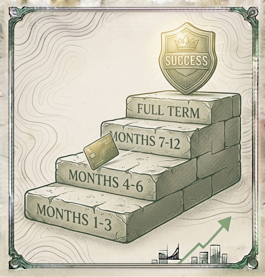 Illustration of ascending stone steps labeled Months 1-3, Months 4-6, Months 7-12, and Full Term, with a credit card climbing toward a glowing Success shield badge at the top