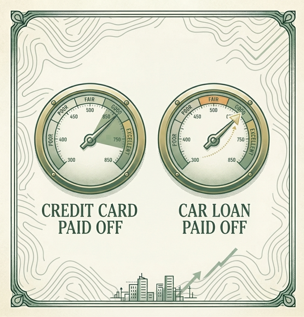 Two side-by-side credit score gauges — credit card paid off with the needle in the Good range, and car loan paid off with the needle dipping toward Fair before a dotted arrow curves it back up