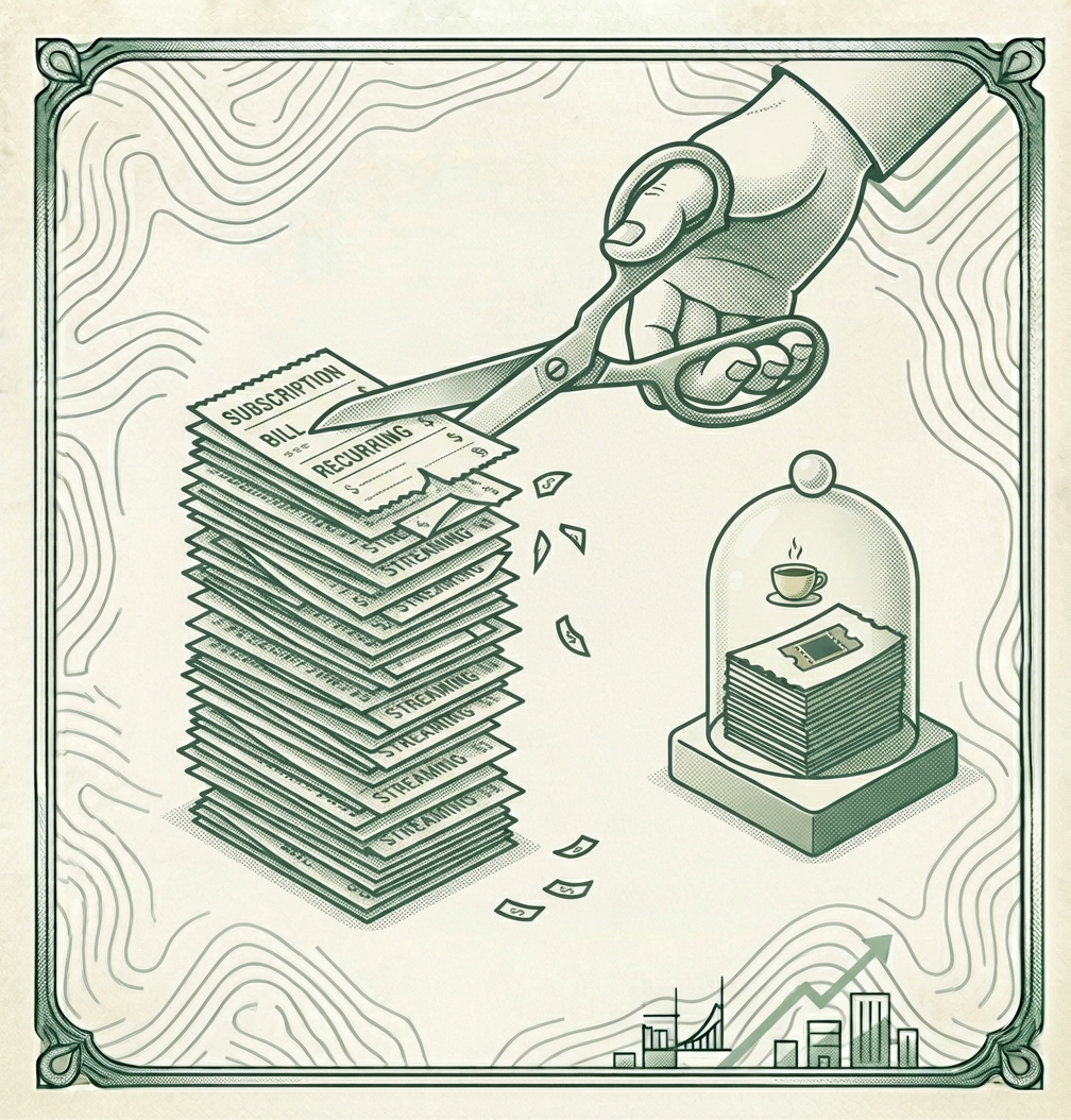 Illustration of scissors trimming a stack of subscription and bill slips, while a coffee cup and a movie ticket sit protected under a glass dome