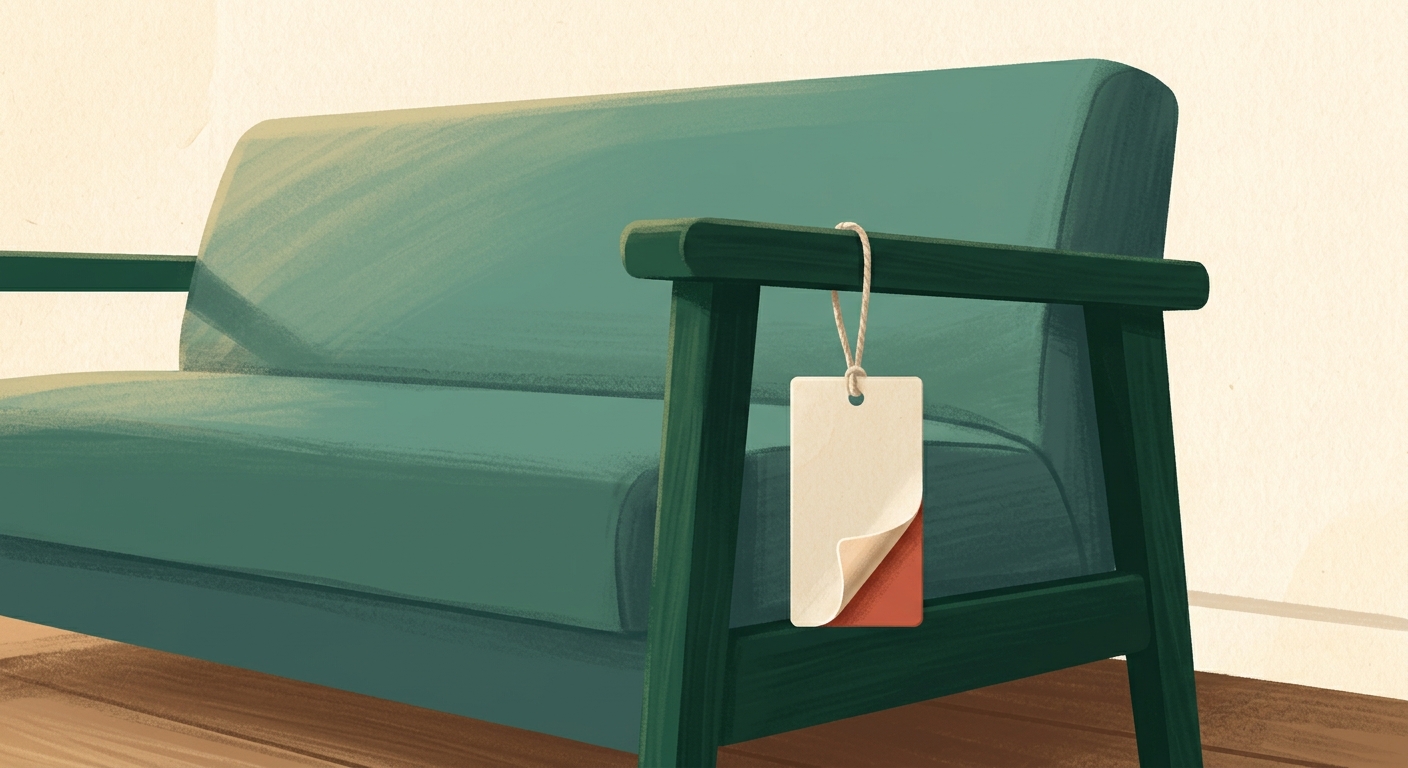 Illustration of a couch with a small paper price tag hanging from its armrest by a string, the tag's bottom corner peeling up to reveal a warning-red layer underneath