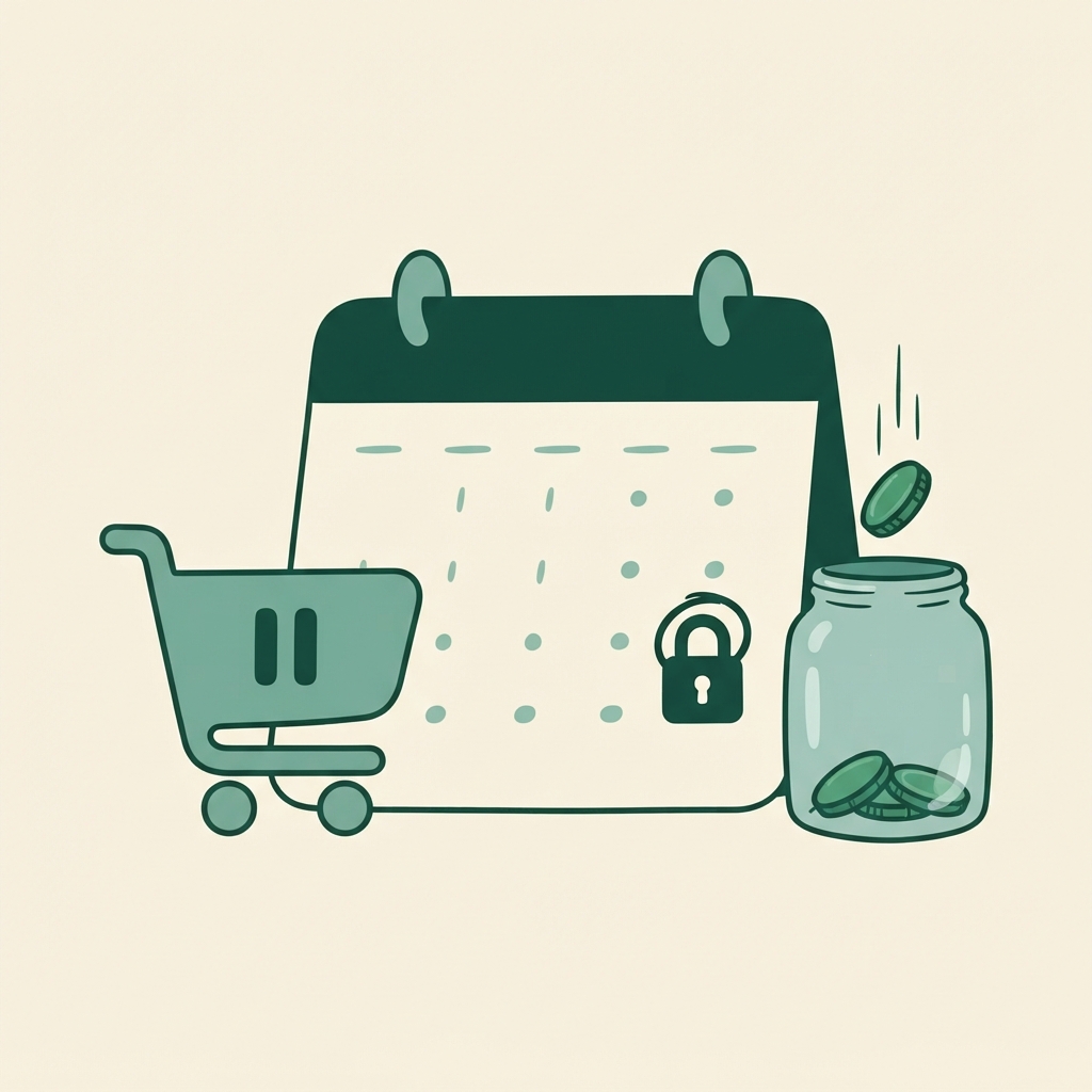 Illustration of a shopping cart icon paused in front of a large calendar page with one date circled, a small padlock over the circled date, and a coin dropping into a jar beside it representing money saved by waiting