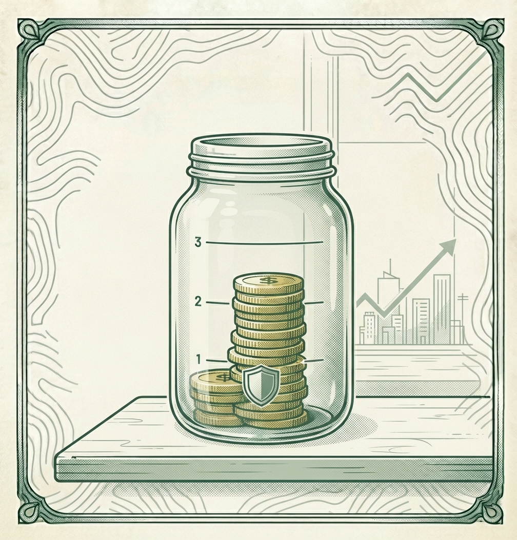 Illustration of a glass jar on a windowsill with three marked fill-lines, coins stacked past the first line, and a small shield emblem on the jar