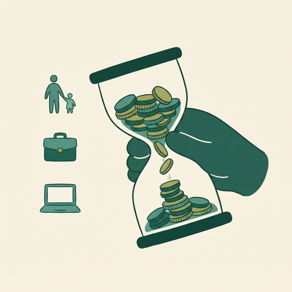 Illustration of an hourglass filled with coins instead of sand, tipped by a hand so the coins flow from the top chamber to the bottom, next to icons representing a parent with a child, a briefcase, and a laptop