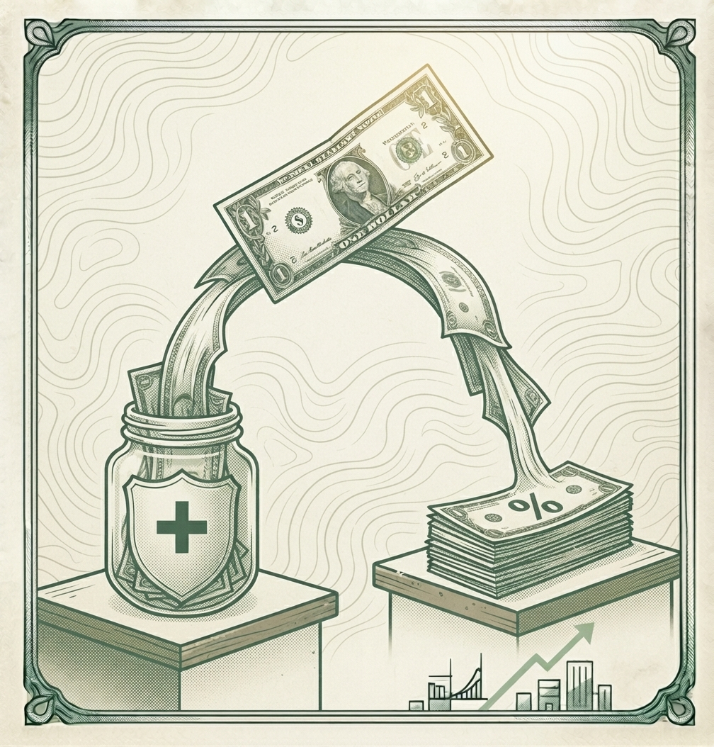 Illustration of a dollar bill splitting into two streams, one flowing into a shield-marked emergency fund jar, the other flowing onto a stack of bills marked with a percent sign
