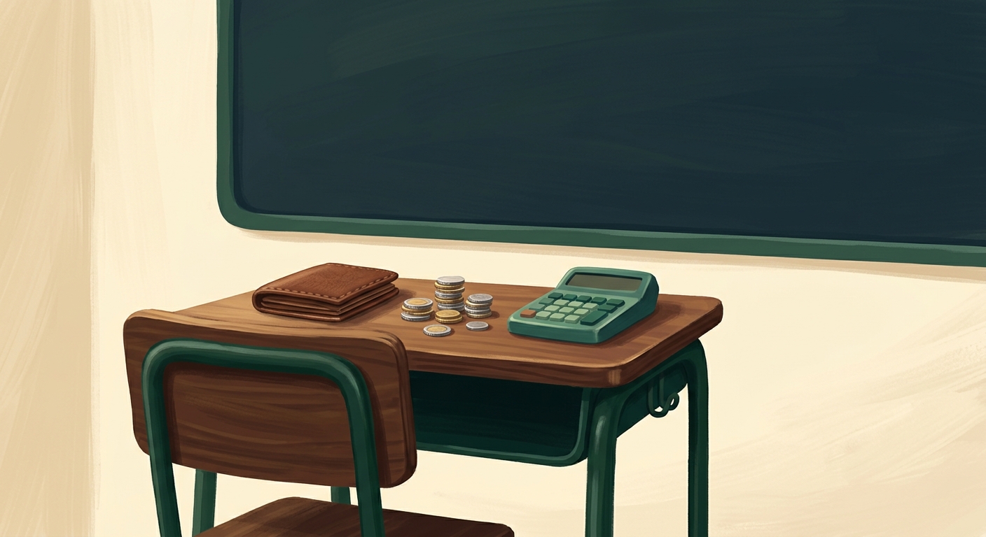 Illustration of a school desk holding a wallet, a small stack of coins, and a calculator, sitting in front of a completely empty blackboard