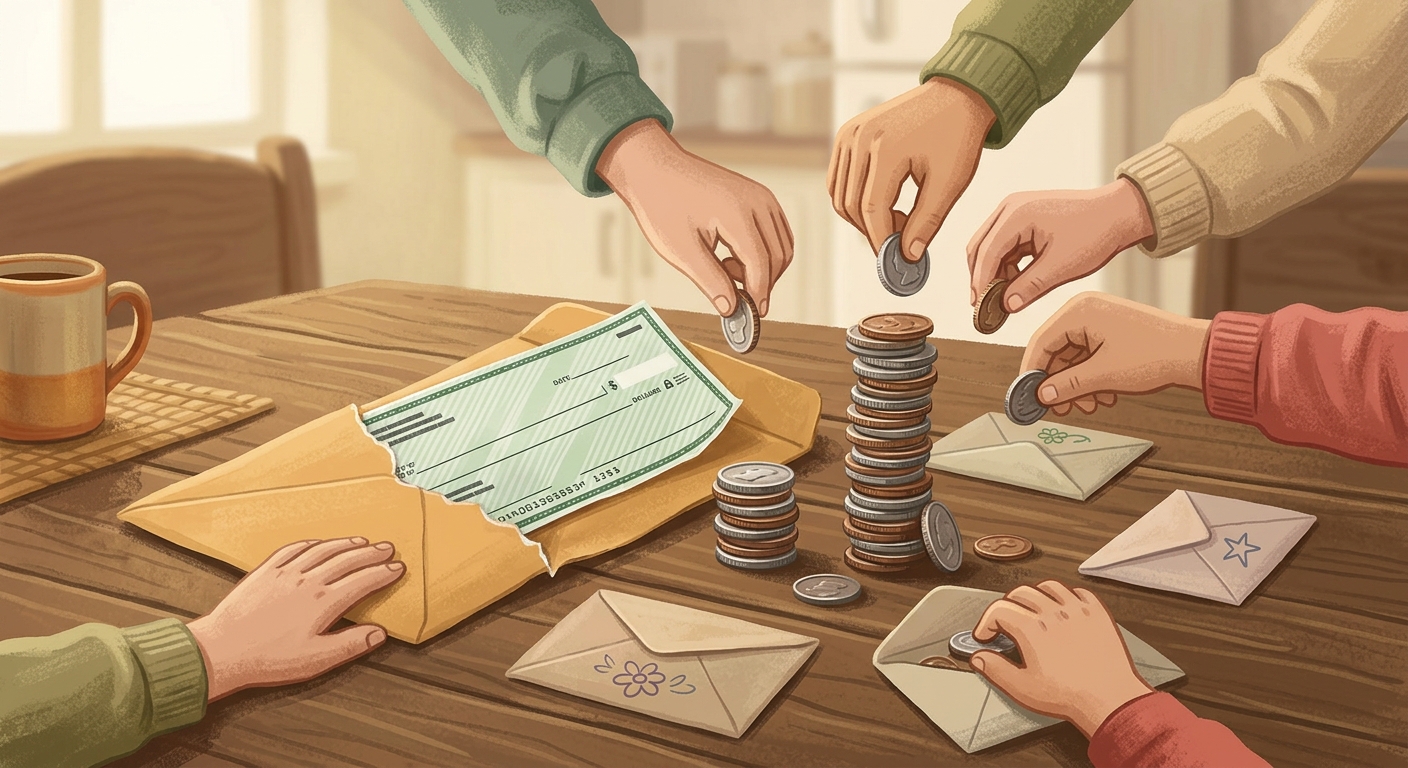 An open paycheck envelope on a kitchen table with a tall stack of coins beside it, as several small hands each lift a few coins off the top into their own small envelopes, leaving a noticeably shorter stack for the owner