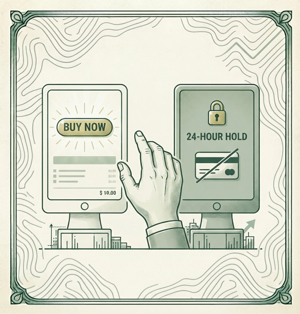 Illustration of a hand reaching between two checkout screens — one with a glowing one-tap Buy Now button, the other showing a padlock, a 24-hour hold timer, and a struck-through card icon