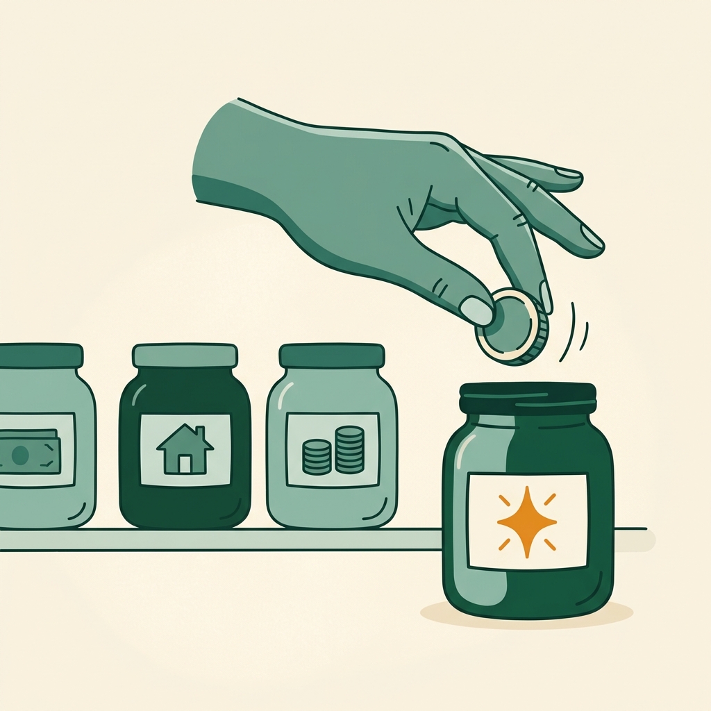 Illustration of a small, brightly colored jar labeled with a sparkle, separate from a row of plain labeled jars for bills and savings, with a hand happily dropping a coin into it without hesitation