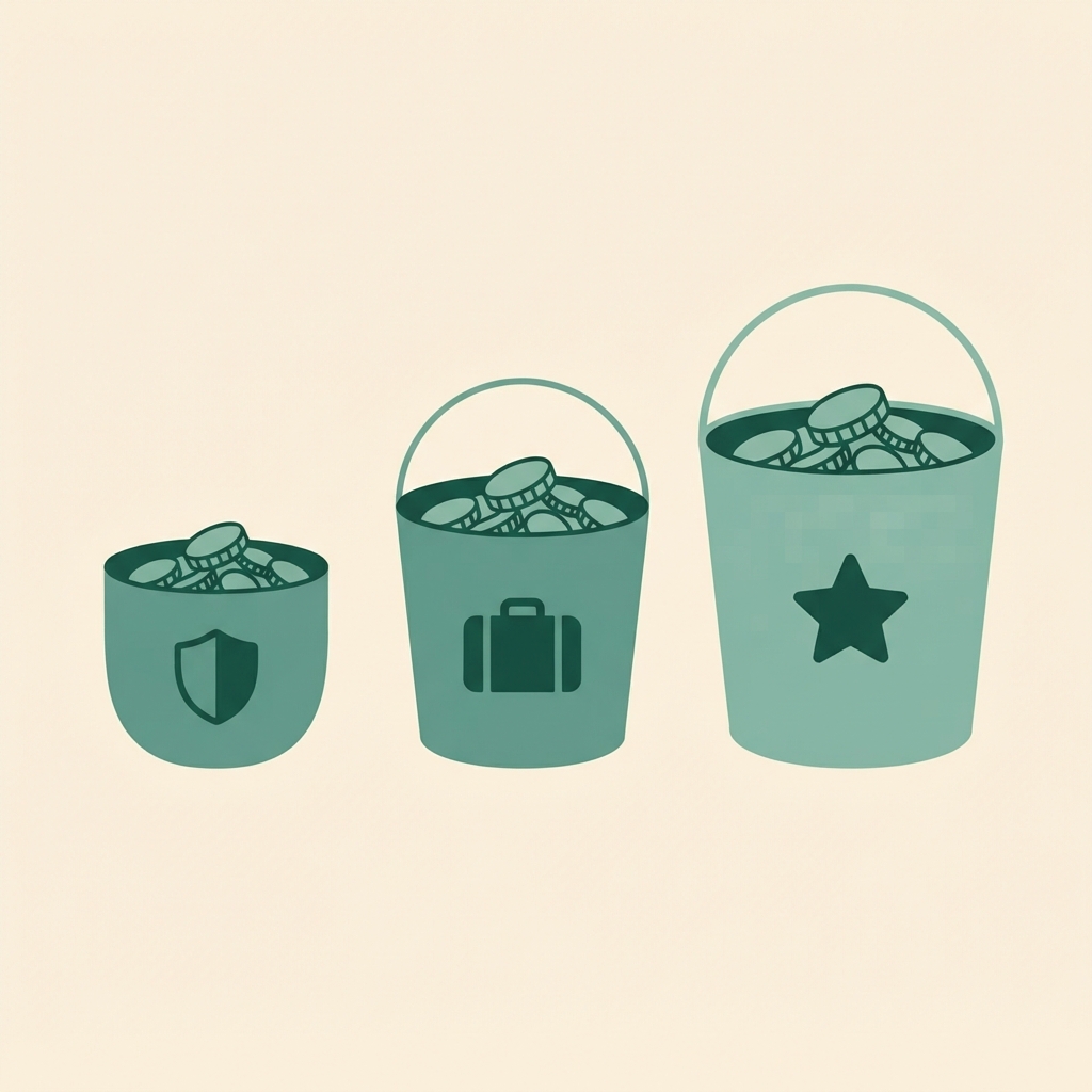 Illustration of three labeled buckets of different sizes in a row — a small solid bucket marked with a shield, a medium bucket marked with a suitcase, and a large open-topped bucket marked with a star, each partially filled with coins