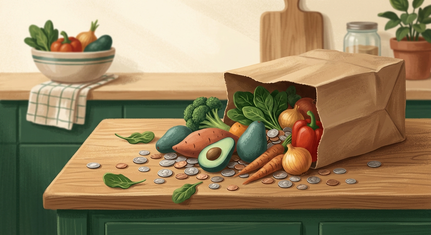 Illustration of a paper grocery bag tipped on its side with fresh produce and coins spilling out together onto a kitchen counter