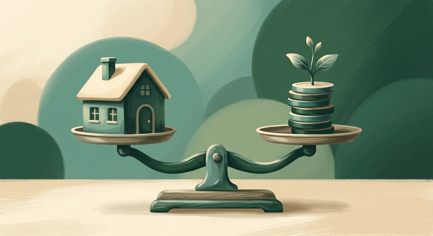 Illustration of a small house on one side of a balance scale and a stack of coins topped with a small growing plant on the other side, perfectly balanced