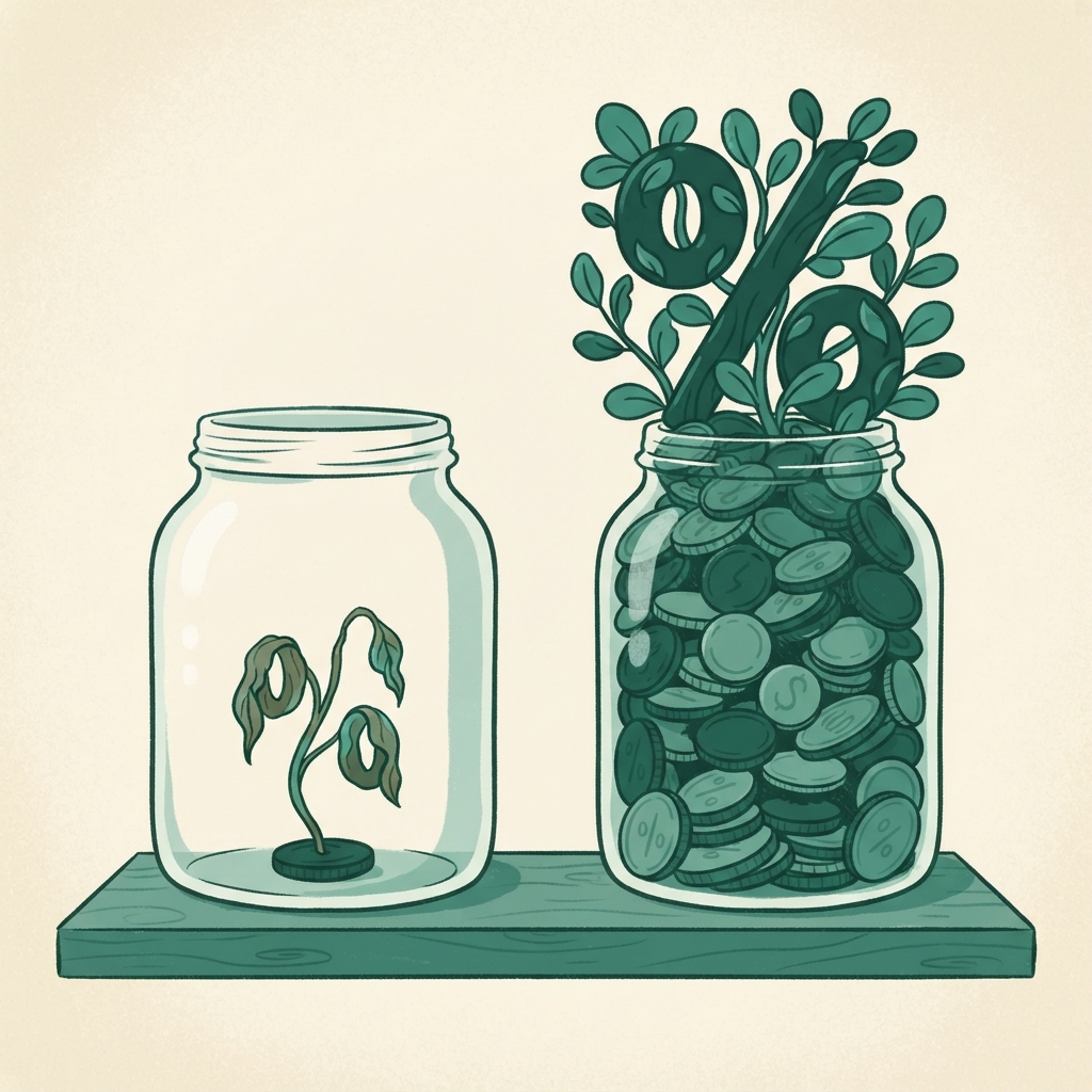 Illustration of two glass jars side by side on a shelf, one nearly empty with a single coin and a wilted percent-sign plant, the other overflowing with coins and a thriving percent-sign plant growing out of it