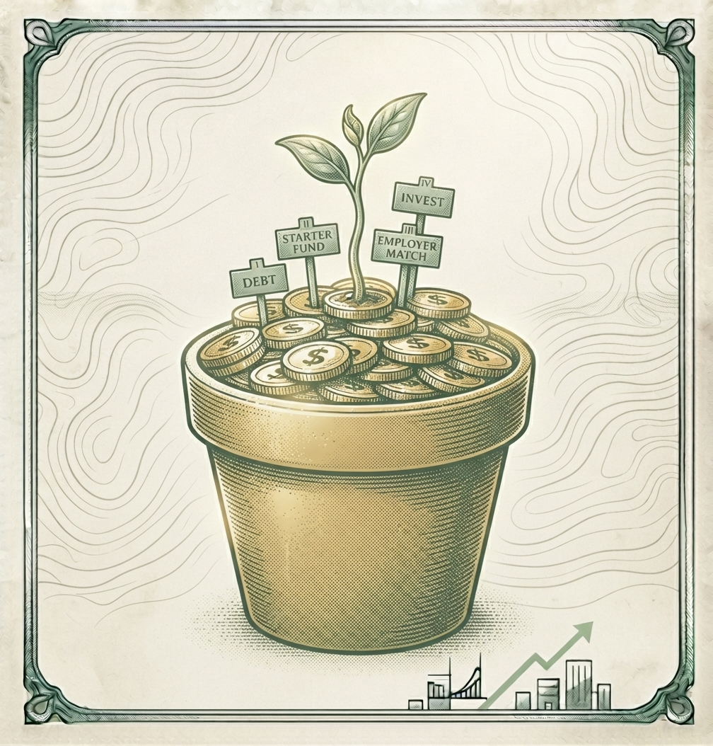 Illustration of a seedling growing from a coin-filled pot, with four numbered signposts reading Debt, Starter Fund, Employer Match, and Invest in order
