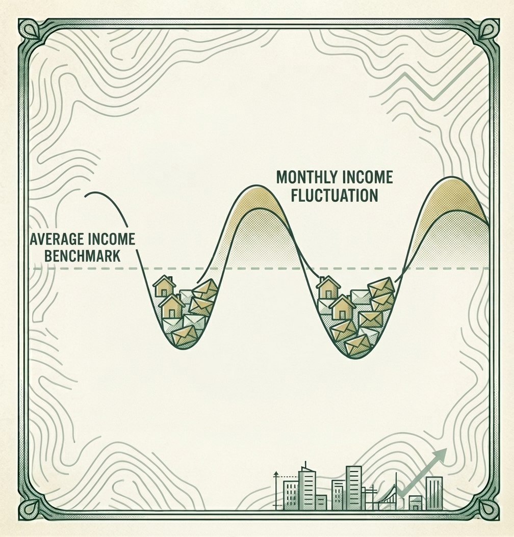 Illustration of a wavy monthly income line dipping below a flat average income benchmark line, with house and envelope icons stacked in the low valleys representing bills coming due in a lean month
