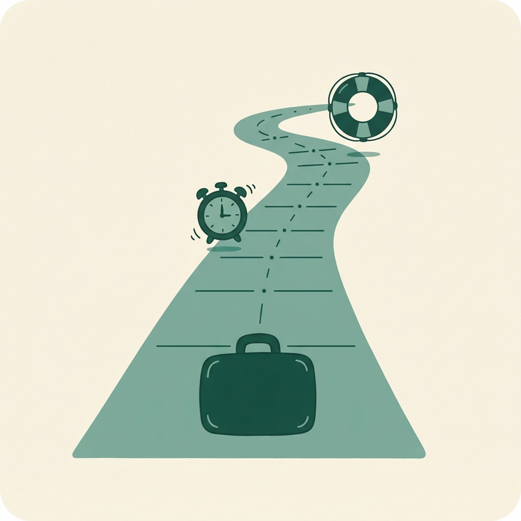 Illustration of a briefcase sitting at the start of a runway marked with distance segments, with a small clock and a life preserver positioned along the runway representing how far savings will stretch