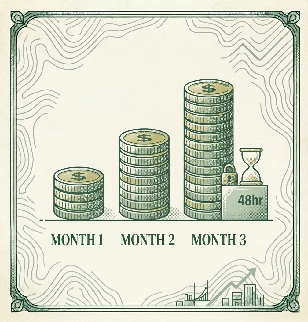 Bar chart made of stacked coins rising across Month 1, Month 2, and Month 3, with a padlock and a 48-hour hourglass icon beside the tallest stack