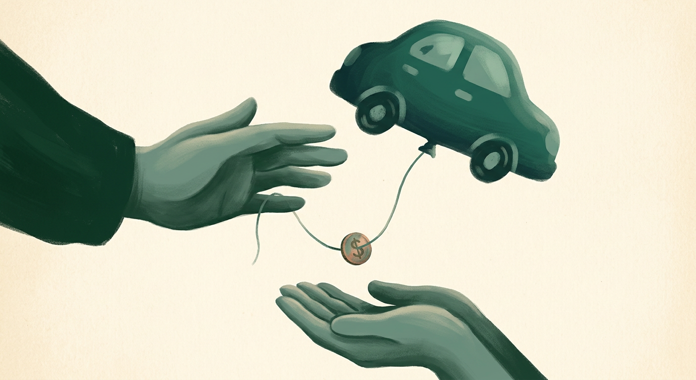 Illustration of a hand releasing a car-shaped balloon that's tethered by a single visible string with a small dollar coin threaded onto it, the balloon floating just above a second pair of open palms waiting below