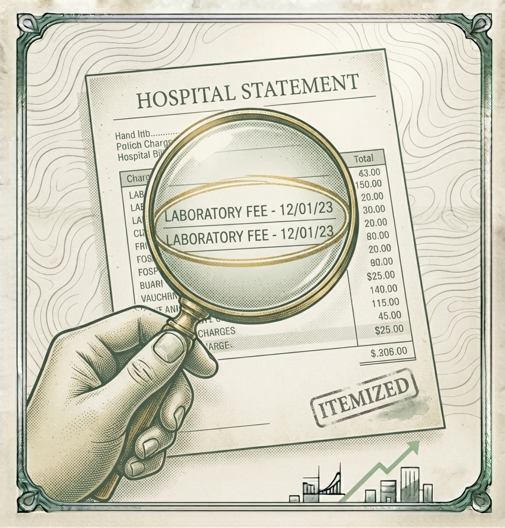 Illustration of a hand holding a magnifying glass over a hospital statement, revealing a duplicate laboratory fee line item, with an ITEMIZED stamp in the corner