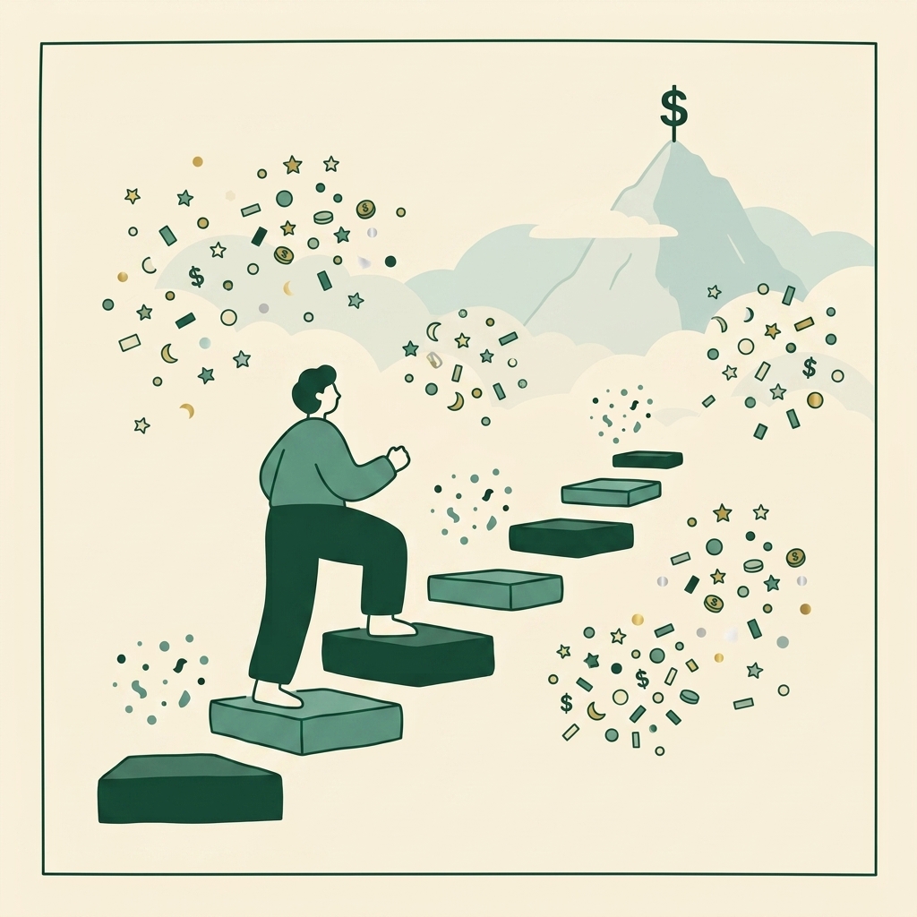 Illustration of a person climbing a staircase of small, differently-sized steps, with a small burst of confetti above each step they've already climbed, while one large distant peak labeled with a dollar sign sits far in the background, barely visible