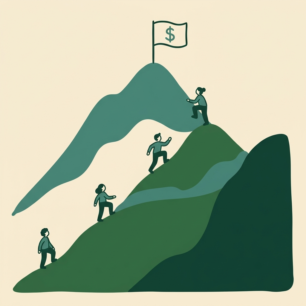 Illustration of four small figures climbing a mountain toward a flag at the peak marked with a dollar sign, each starting from a different point on the slope, with the lowest starting figure closest to the summit