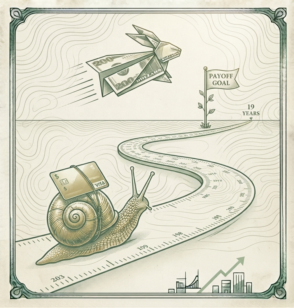 Illustration of a snail carrying a credit card inching along a long winding calendar path marked 19 years, while a paper airplane folded from a $200 bill flies past overhead toward a closer payoff goal flag