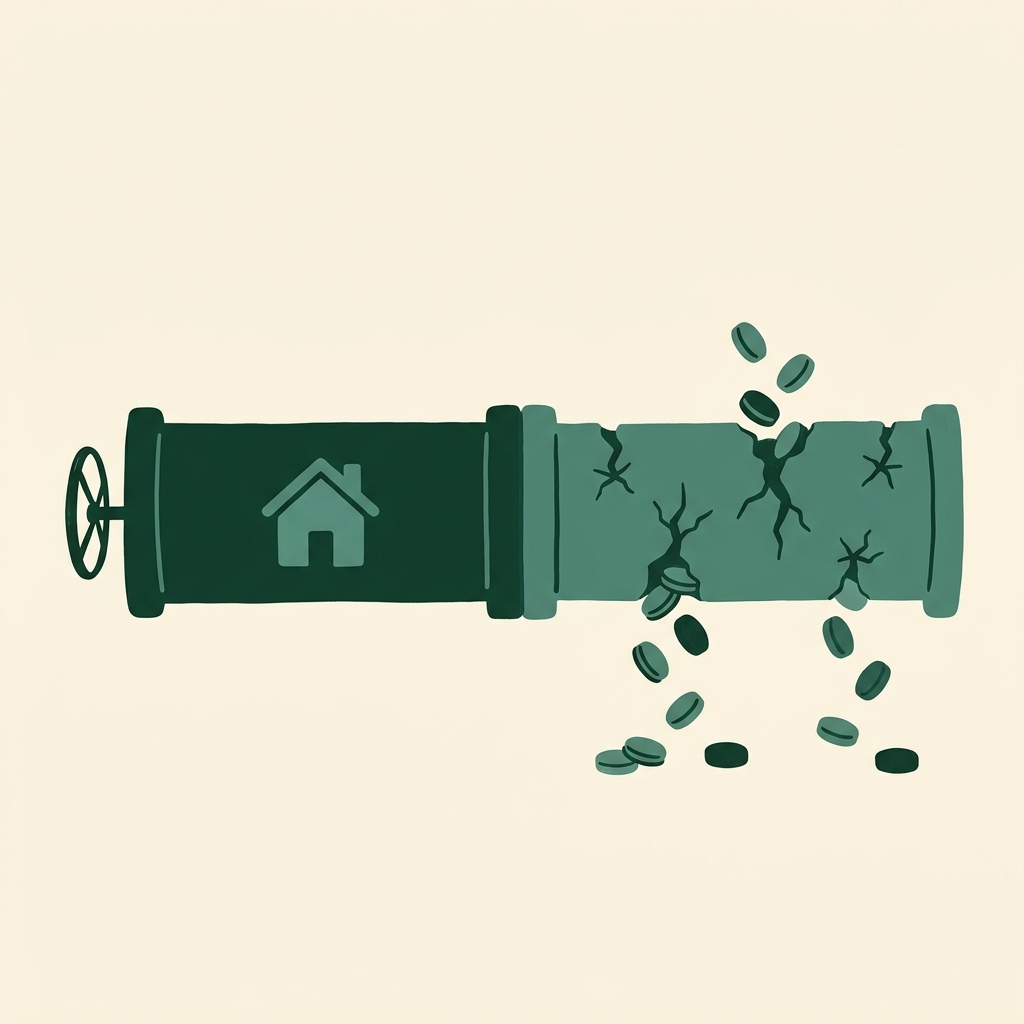 Illustration of a straight, solid pipe labeled with a house icon representing fixed costs, connected to a second section of pipe with several small cracks leaking coins, representing variable spending