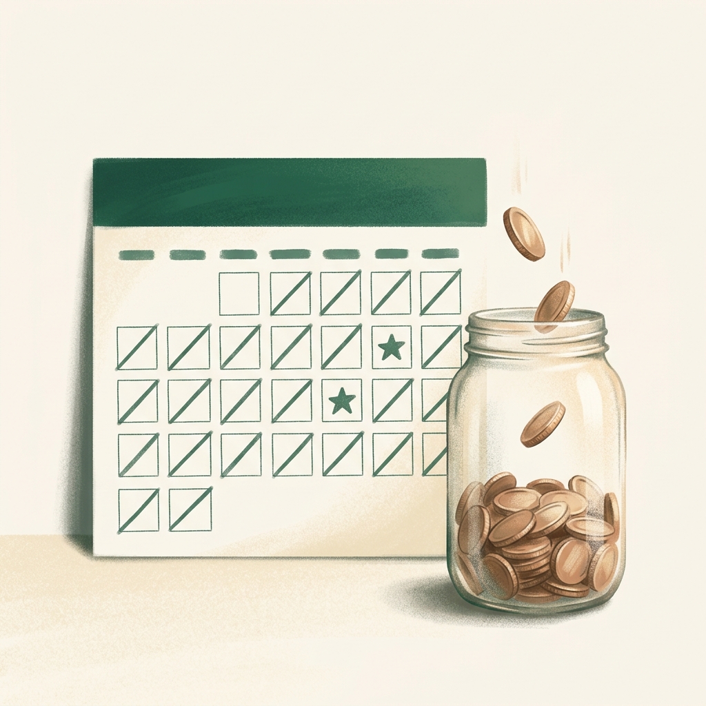 Illustration of a calendar page with most days crossed off in a consistent pattern and two days marked with a small star, next to a jar filling with coins