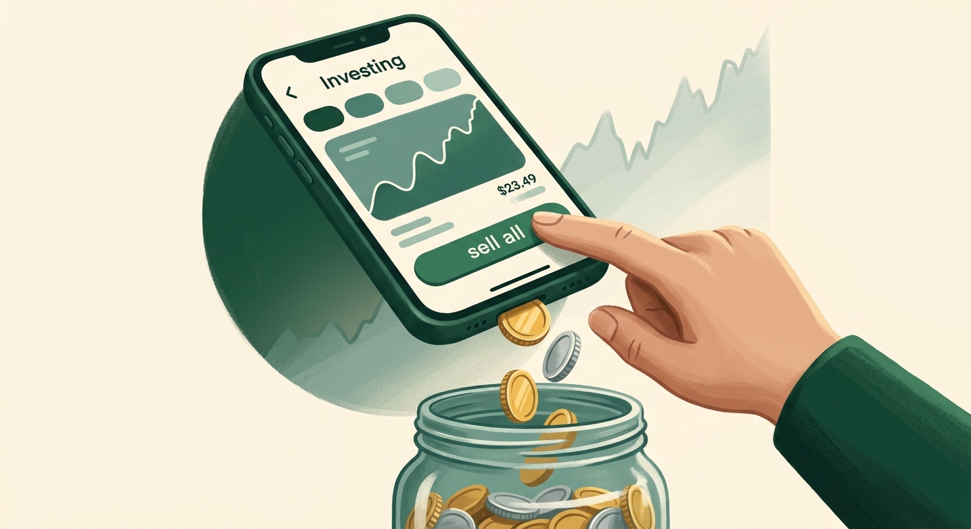 Illustration of a hand tapping a 'sell all' button on a phone showing an investing app, coins spilling out of the phone into a jar below, while a faded ghost line of the chart continues climbing upward in the background behind the phone