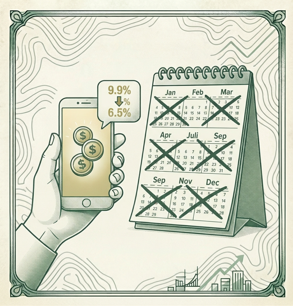 Illustration of a hand holding a phone showing a rate dropping from 9.9% to 6.5%, next to a calendar with several months crossed out