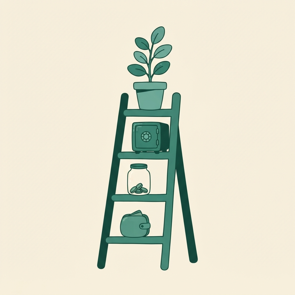 Illustration of a ladder with four rungs at different heights, each holding a different container — a wallet on the bottom rung, a jar on the next, a small vault on the third, and a growing plant in a pot on the top rung — representing money matched to increasingly longer timelines