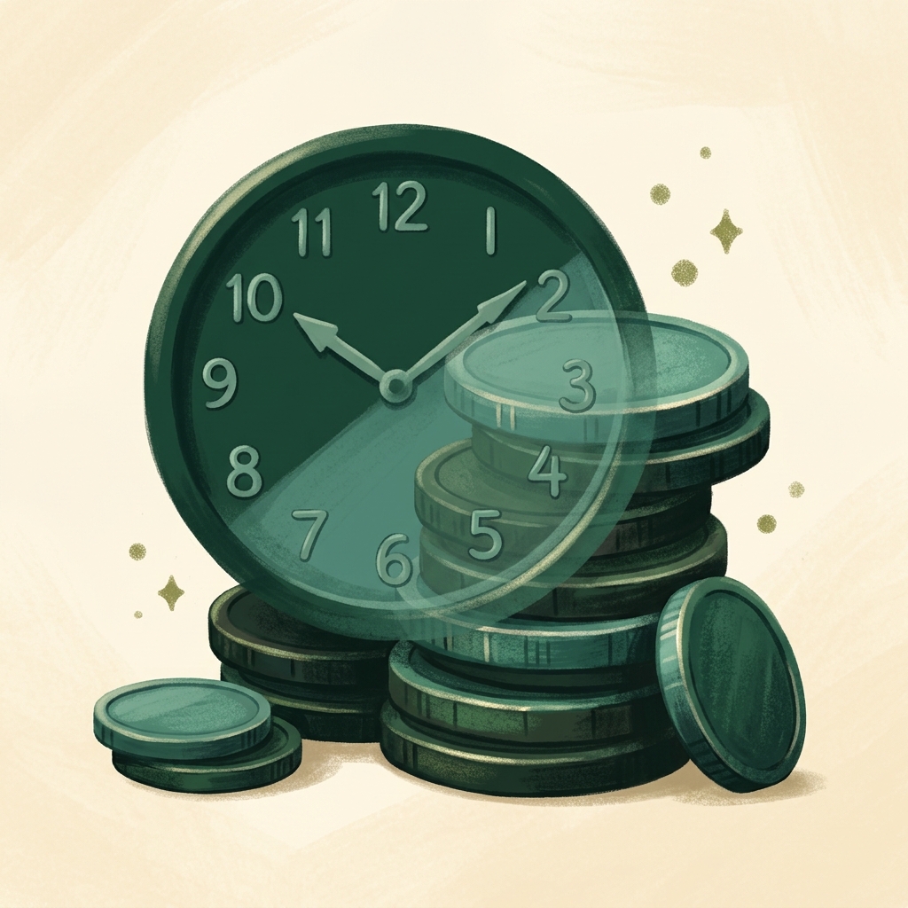 Illustration of a clock face overlapping a stack of coins, representing turning limited spare hours into extra income