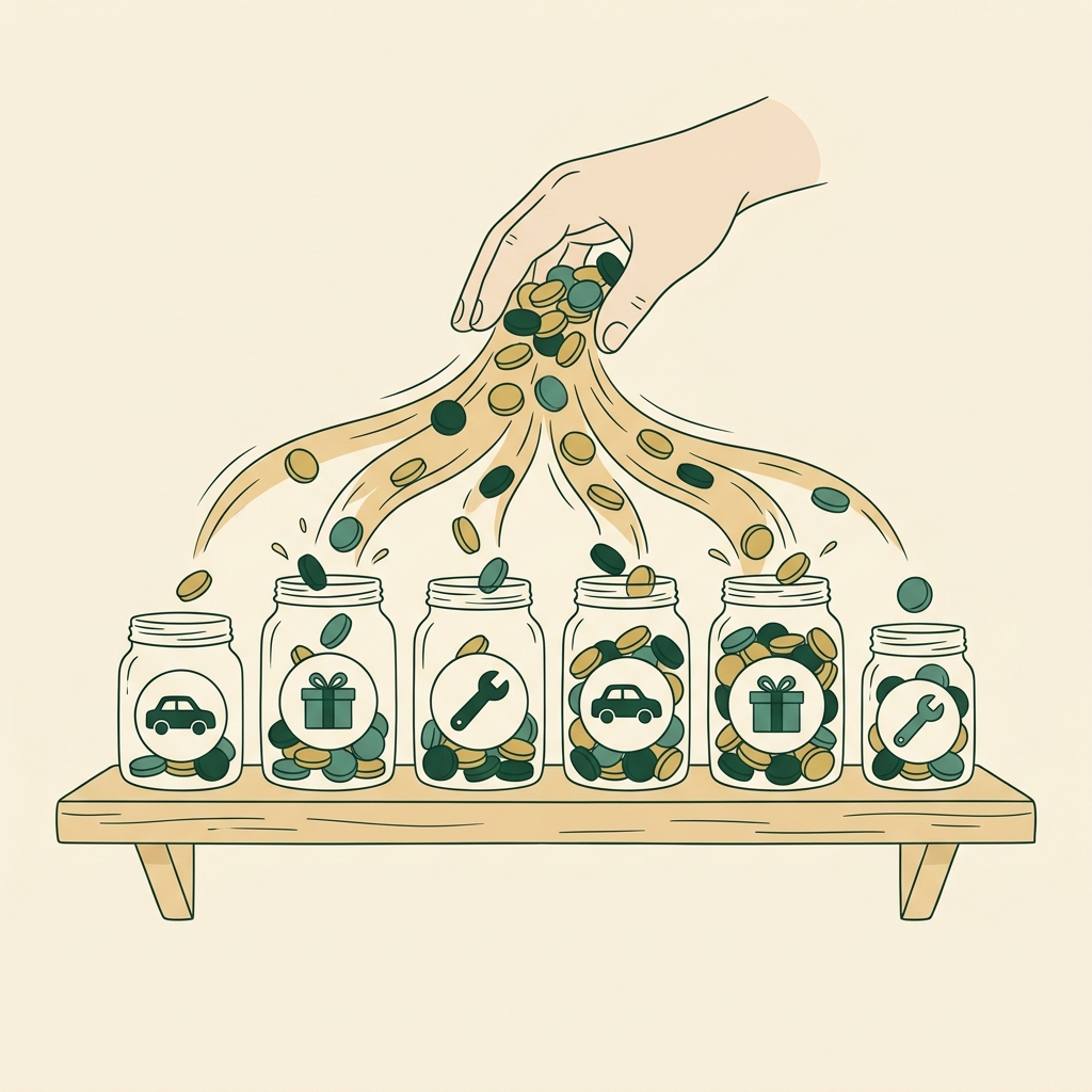 Illustration of several small glass jars of different sizes on a shelf, each labeled with a different icon — a car, a gift box, a wrench — with coins being poured into all of them at once from a single hand above
