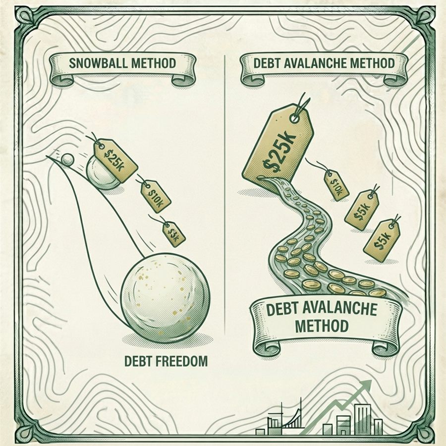 Side-by-side illustration comparing the debt snowball method, a small snowball rolling downhill past shrinking balance tags toward debt freedom, and the debt avalanche method, money flowing directly toward the largest balance tag first