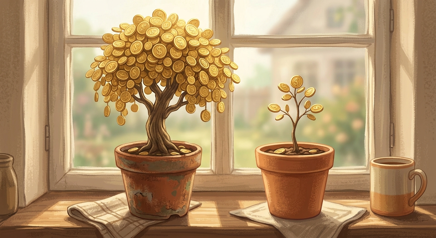 Two terracotta pots side by side on a sunny windowsill, each holding a small tree whose leaves are gold coins; the pot on the left was clearly planted years earlier and its coin tree is tall and full, while the pot on the right holds a much smaller sapling with only a few coins