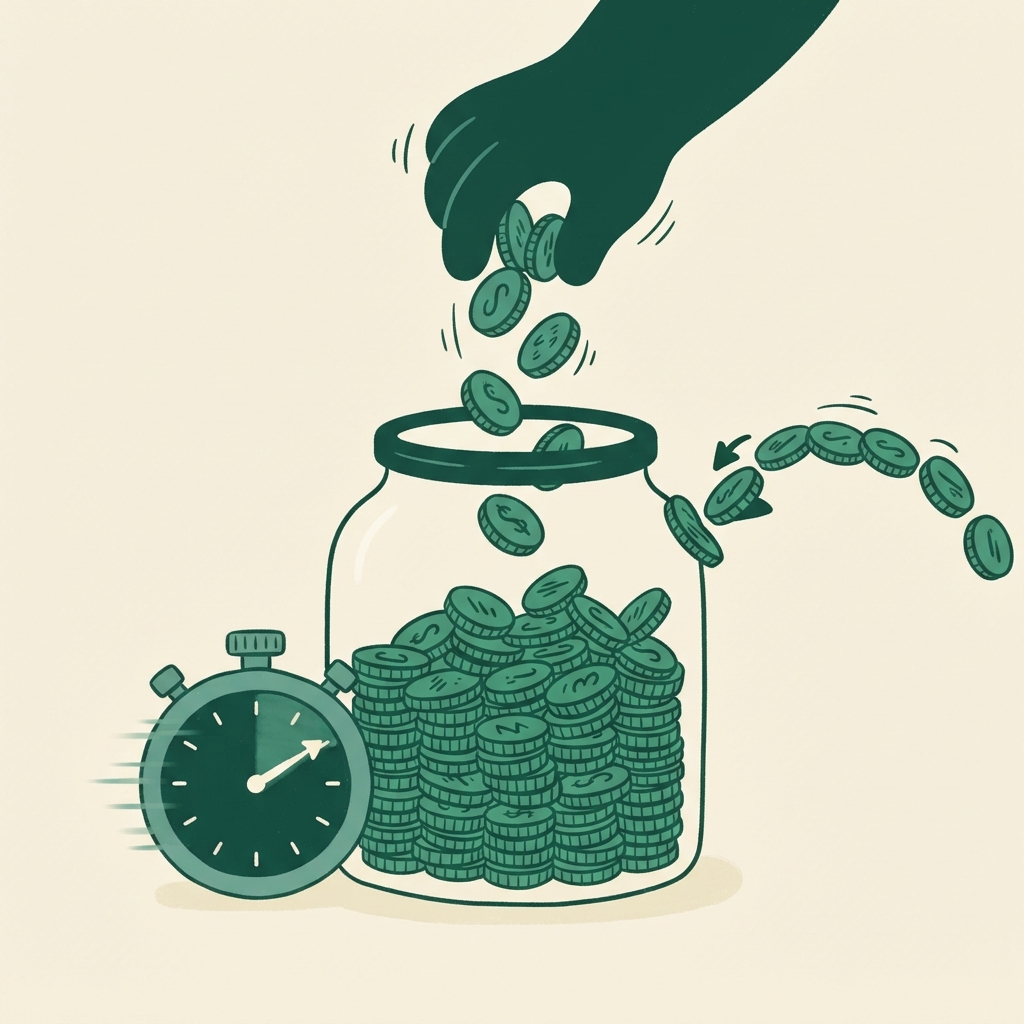 Illustration of a jar rapidly filling with coins from three directions at once — a hand dropping in coins from selling items, a small arrow of coins flowing in automatically, and a stopwatch beside the jar showing fast progress