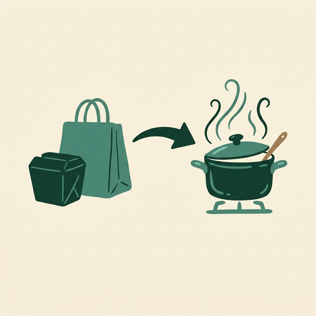 Illustration of a takeout food bag on one side transforming into a pot of home-cooked food with rising steam on the other, connected by an arrow